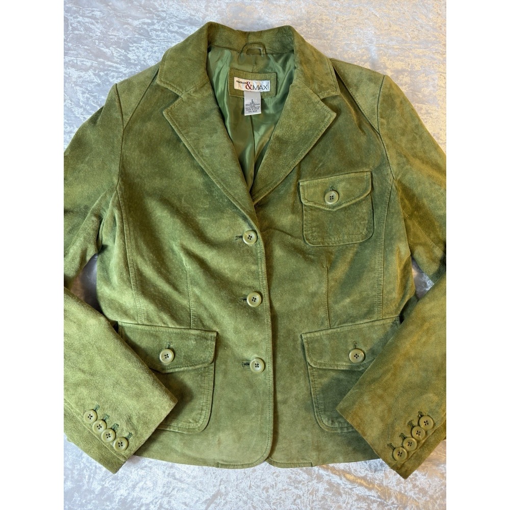 Vintage Y2K Madison & Max Olive Green Suede Leather Blazer Jacket Women's L